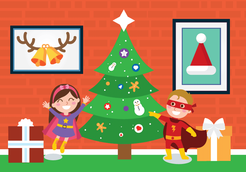 Дети возле елки с подарками