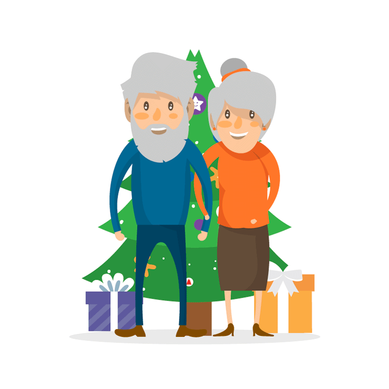 Дедушка и бабушка около рождественской елки с новородними подарками