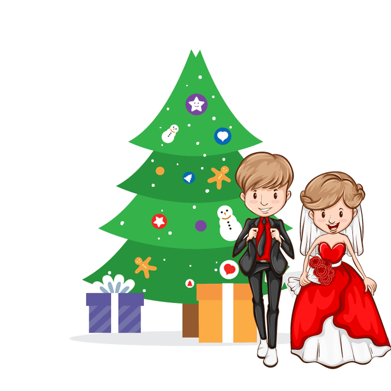 Муж с женой возле елки и новогодих подарков